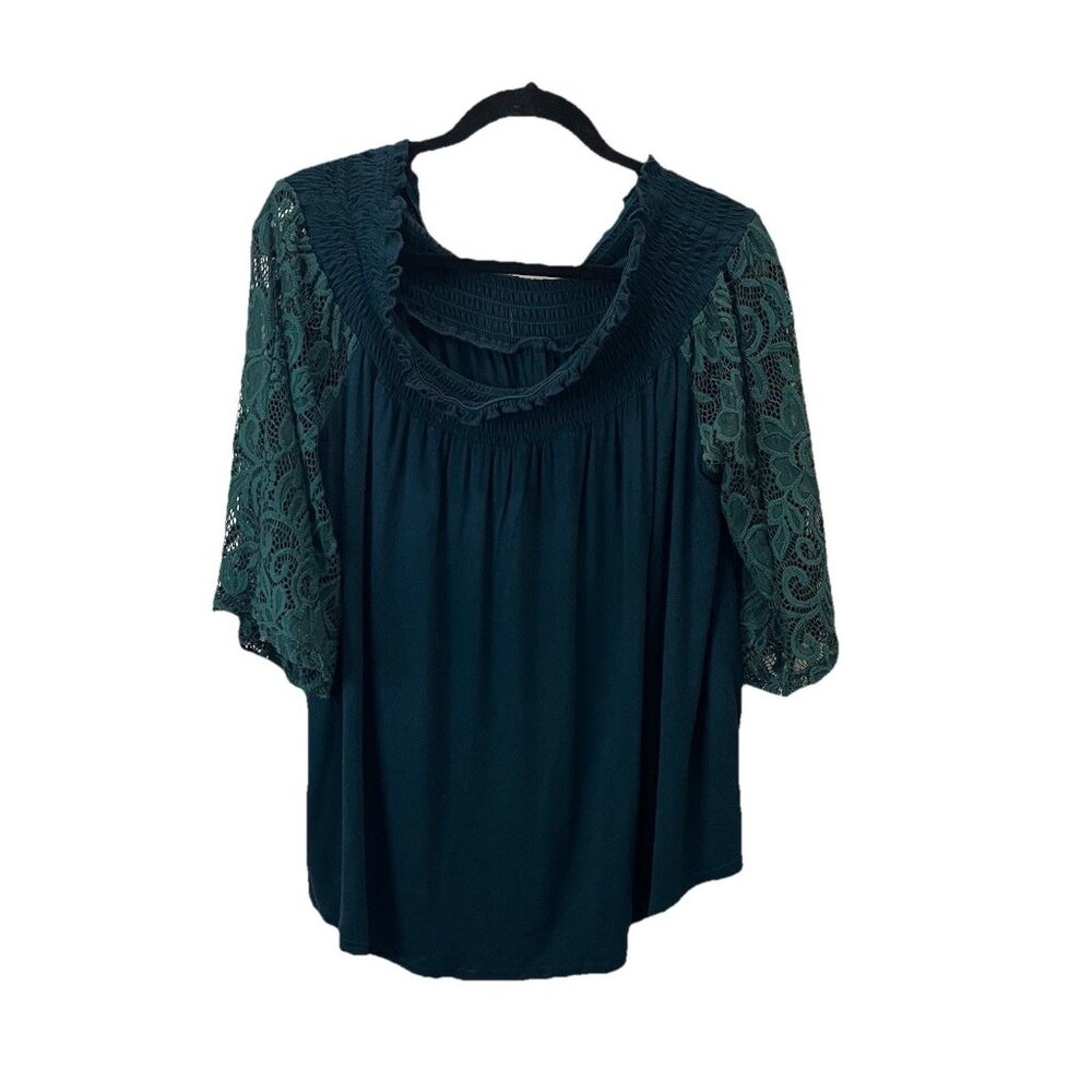 Womens Hunter Green Off Shoulder Lace Sleeves Boho Cottage Core Top 2X Romantic